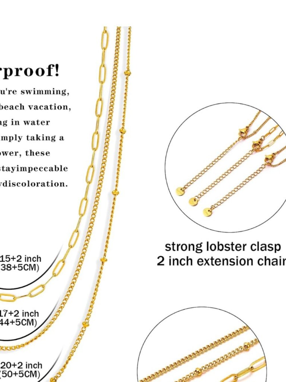 14k Gold / 304 No Tarnish 3 chain layered adjustable set - Picture 5 of 8